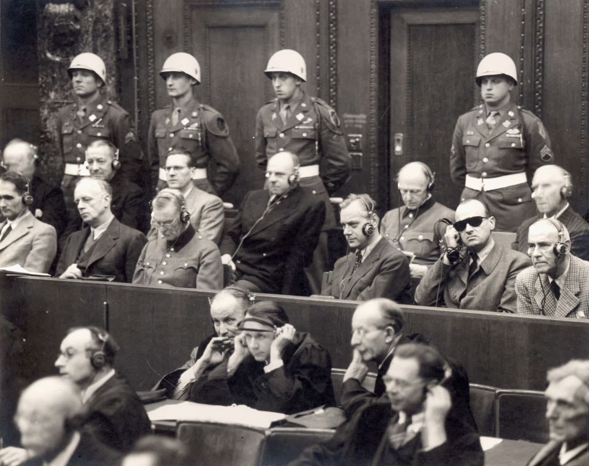 Nuremberg, Germany, Defendants’ bench in the Nuremberg Trial, 1945-1946