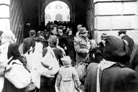 Arrival of a transport of Jews from Holland to Theresienstadt on January 20, 1944