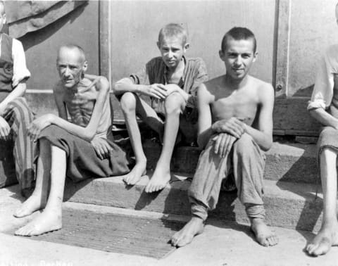 Former inmates of Buchenwald, Germany, April 1945