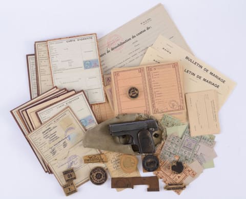 The revolver, documents and forged rubber stamps created by French resistance member Daniel Samuel