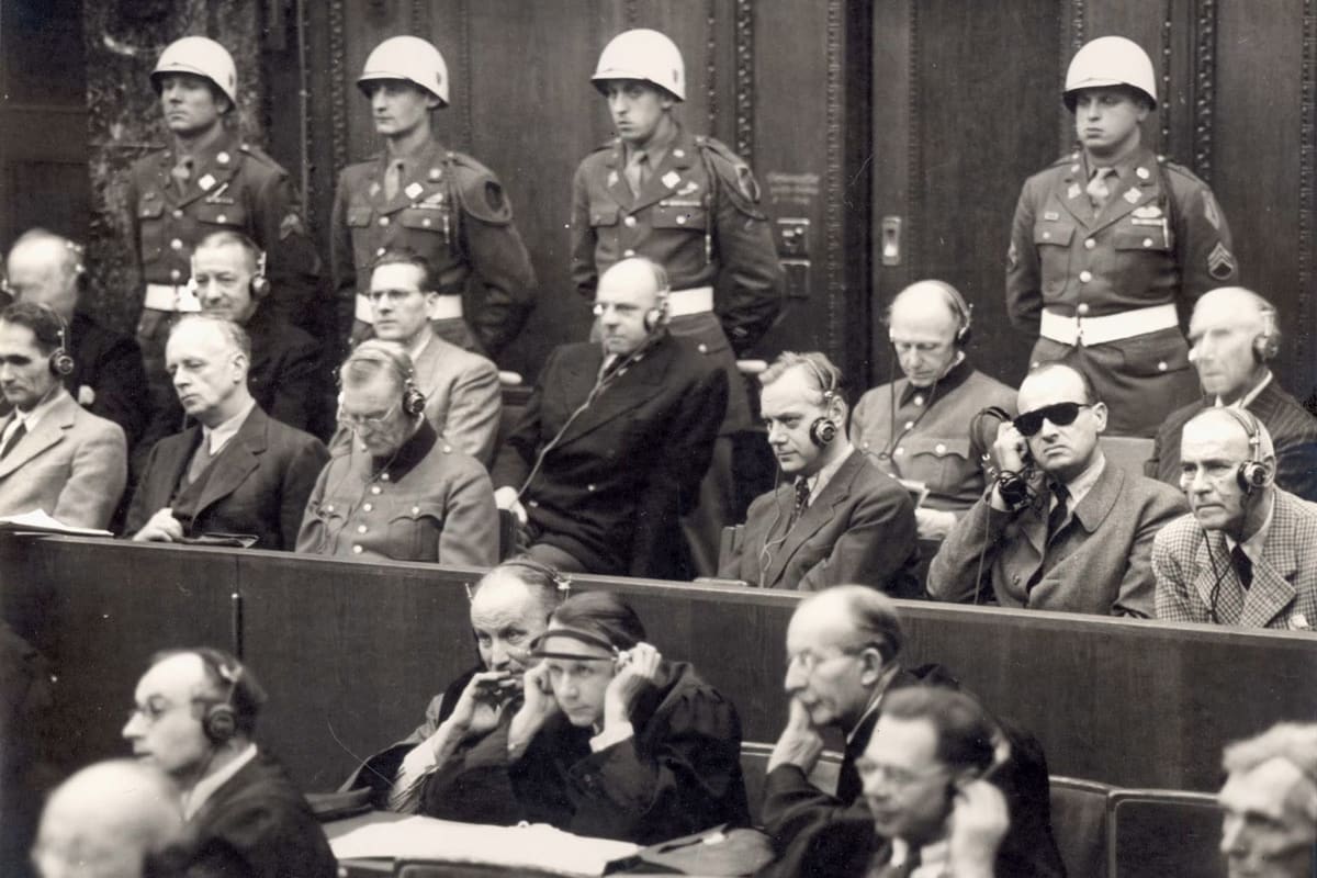 Nuremberg, Germany, Defendants’ bench in the Nuremberg Trial, 1945-1946