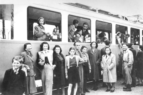 Jews that arrived from Hungary to Switzerland on a train organized by Rezso Israel Kasztner, 1944