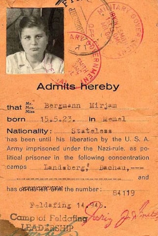 Survivor's card issued for Mirjam Bergmann, born in Memel, Lithuania, 1923, at the Feldafing DP camp, 14 September 1945