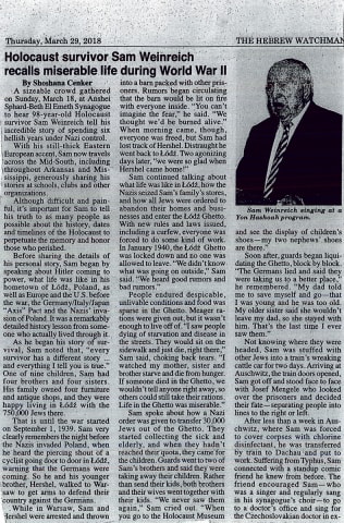 An article by Shoshana Cenker about the speech of Holocaust survivor Sam Weinreich in his meeting with an audience in Memphis on 18 March 2018