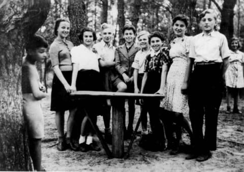 Children from the Otwock Jewish orphanage in a forest, Poland, September 1945