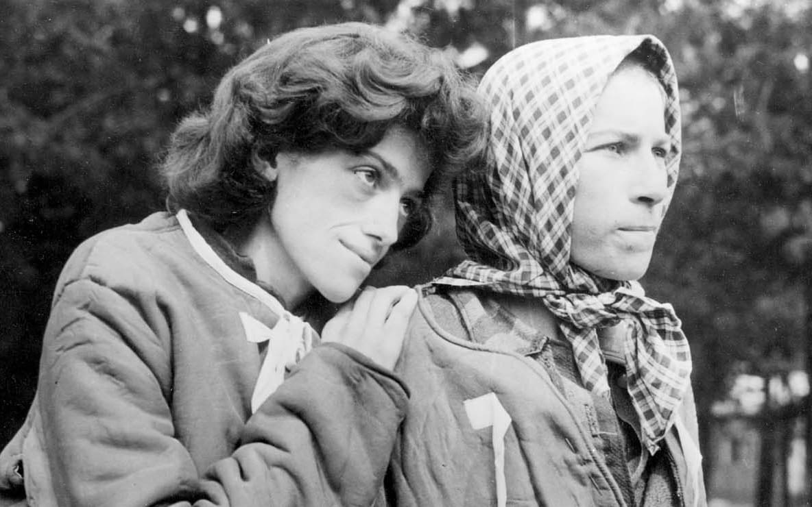 Two Holocaust survivors after liberation, Bergen-Belsen, Germany, April 1945