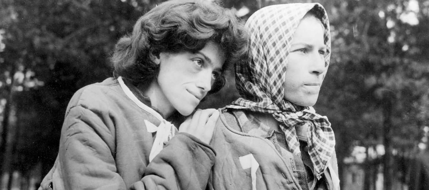 Two Holocaust survivors after liberation, Bergen-Belsen, Germany, April 1945