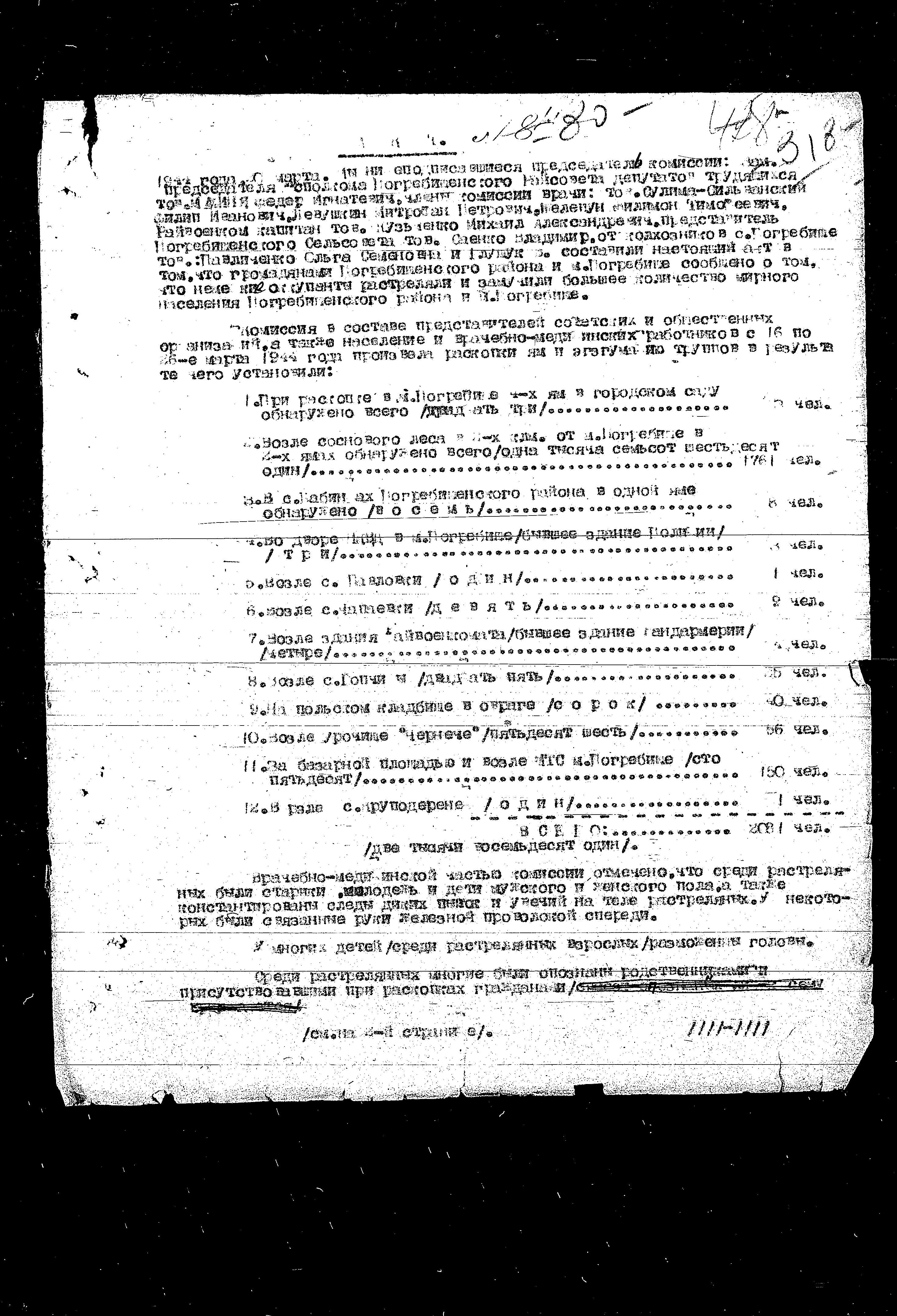 תעוד הוועדה הממלכתית המיוחדת לחקר פשעי הנאצים בברית המועצות, 1945-1943 על פשעים שבוצעו באזור POGREBISHCHE, מחוז VINNITSA, אוקראינה