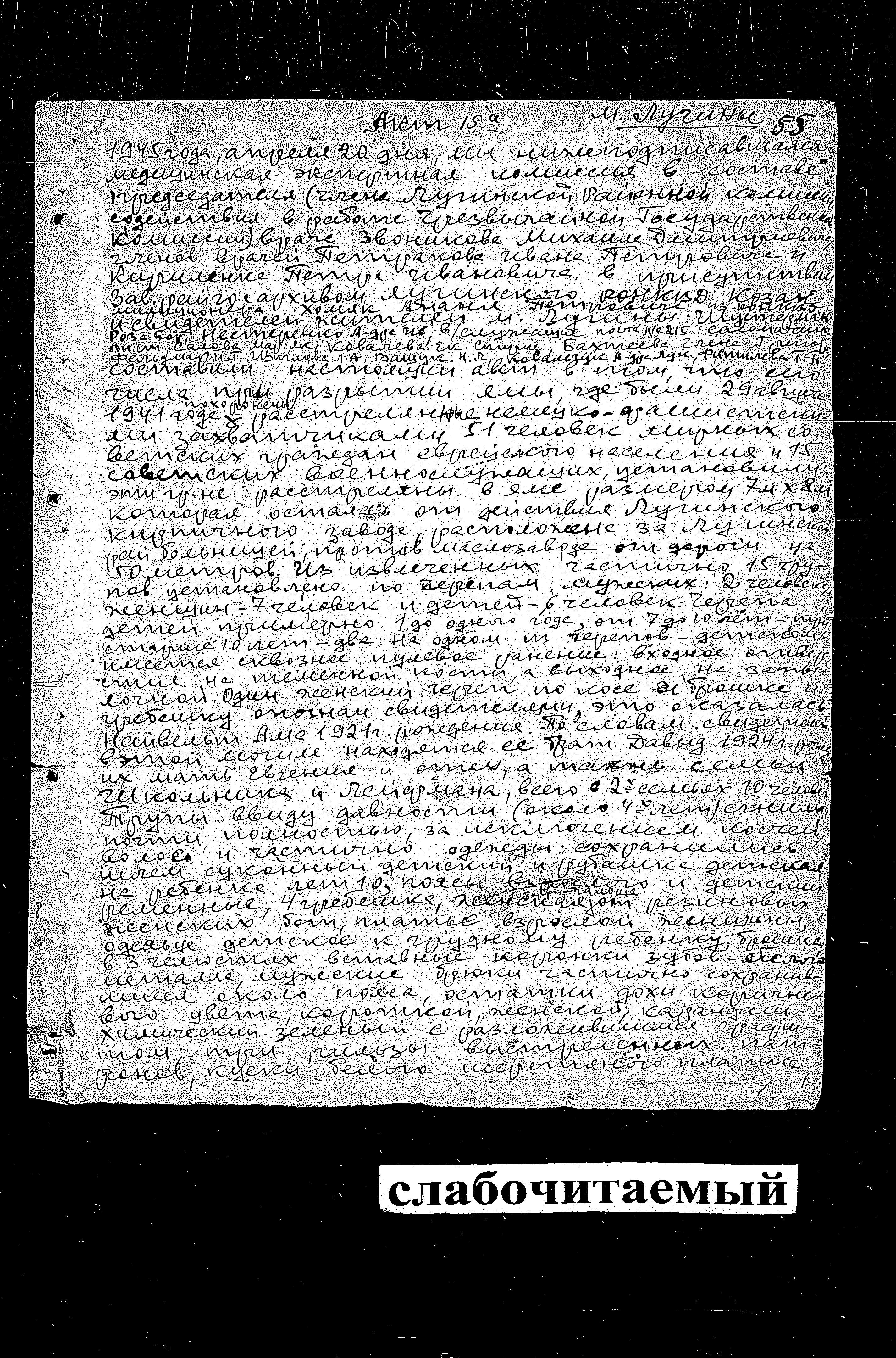 Documentation of the Extraordinary State Commission for Investigation of Nazi War Crimes in the Soviet Union from 1943-1945 regarding crimes committed in the area of Luginy in the Zhitomir district