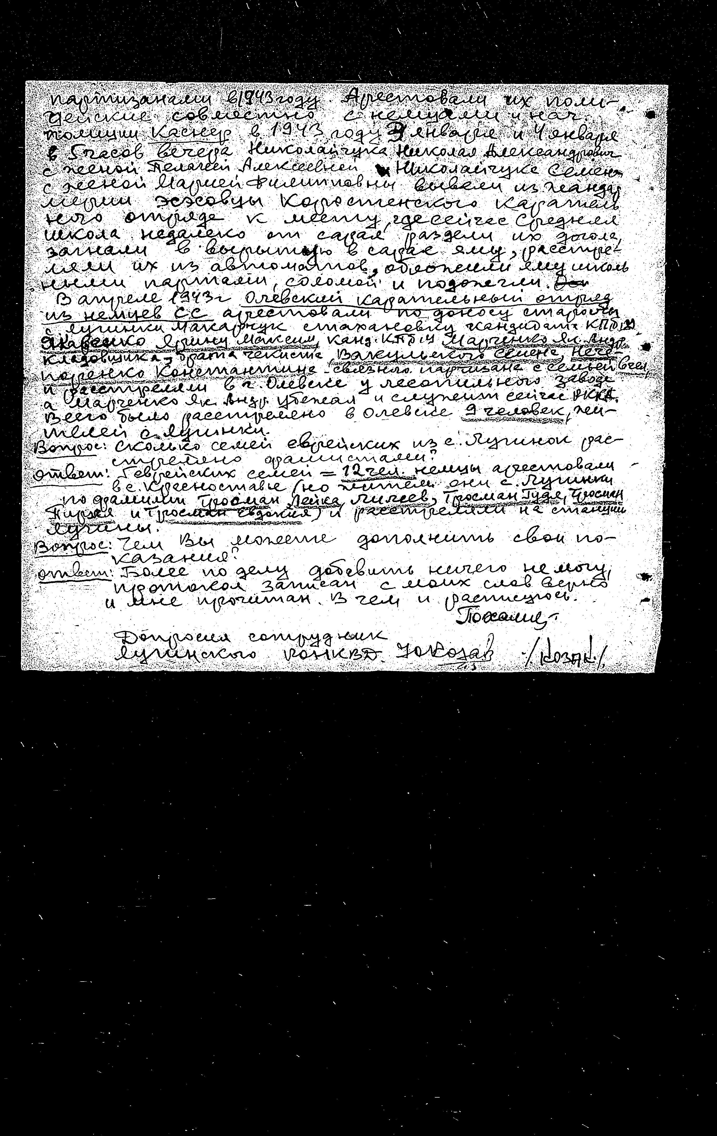 Documentation of the Extraordinary State Commission for Investigation of Nazi War Crimes in the Soviet Union from 1943-1945 regarding crimes committed in the area of Luginy in the Zhitomir district