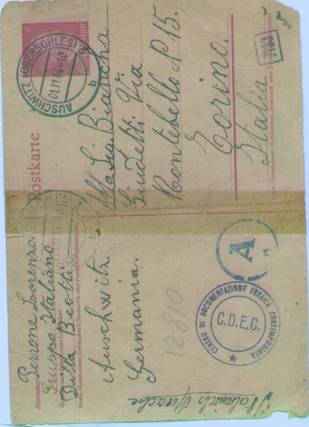 Postcard sent by Lorenzo Perrone from Auschwitz to Levi's friends