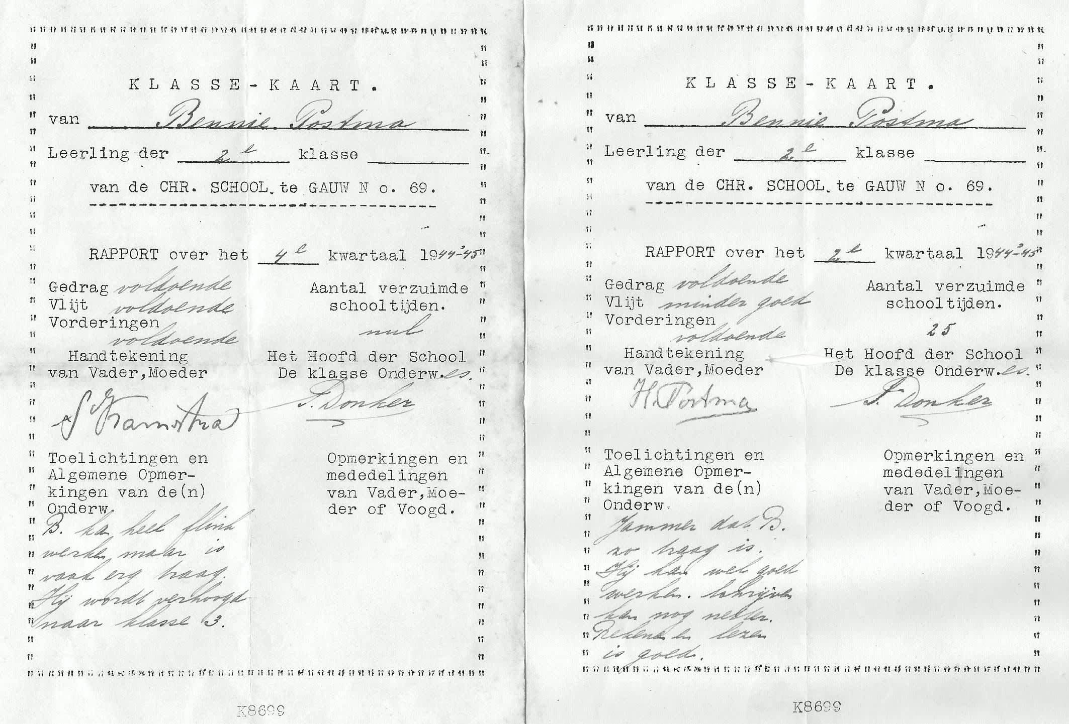 School report of rescued Bennie (Dan Wijsboom), signed by rescuers Kamstra and Postma