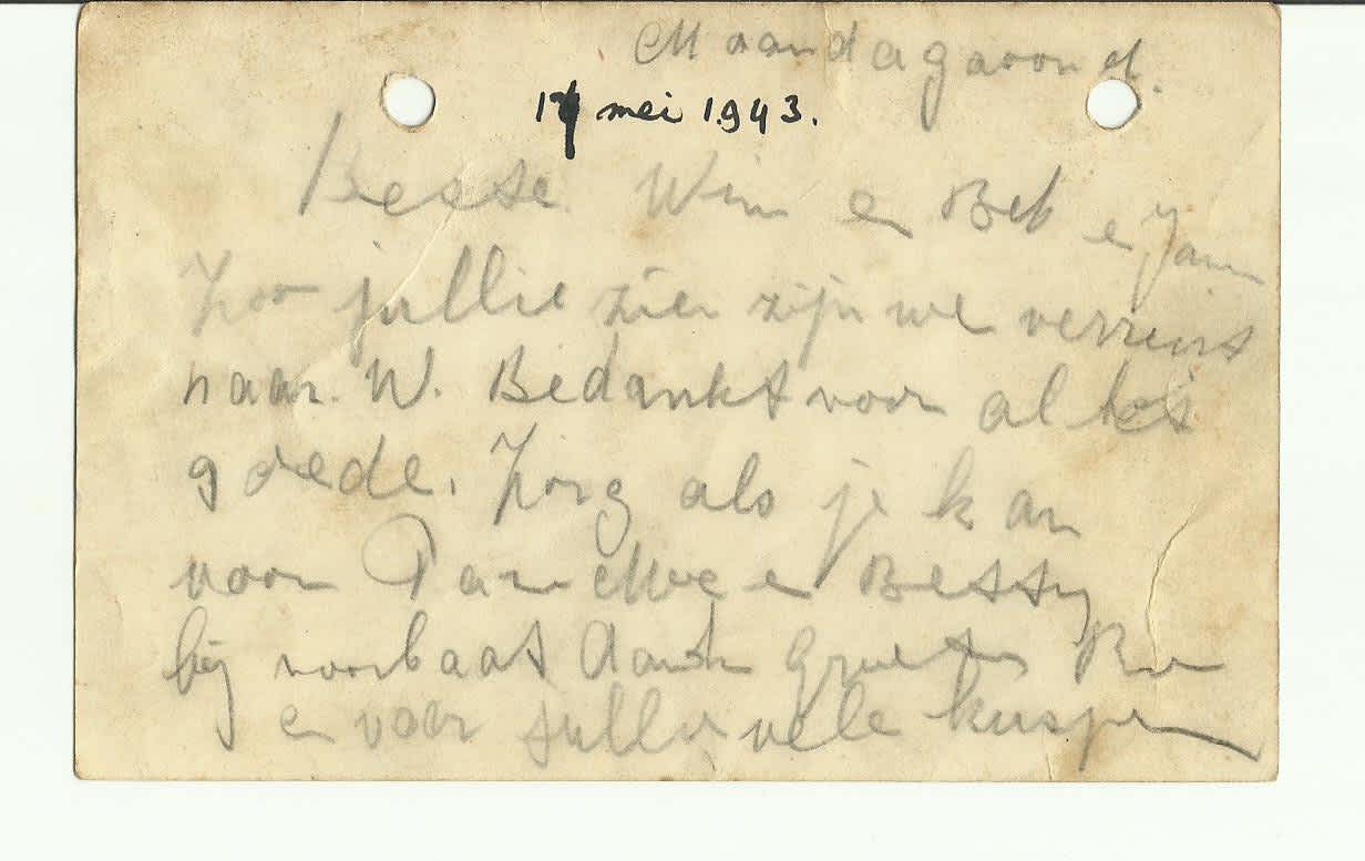 Postcard, sent by Jopie & Roosje Boas to the Zinsmeester family after their arrest on 17/05/1942.