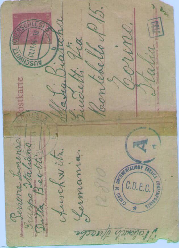 Postcard sent by Lorenzo Perrone from Auschwitz to Levi's friends