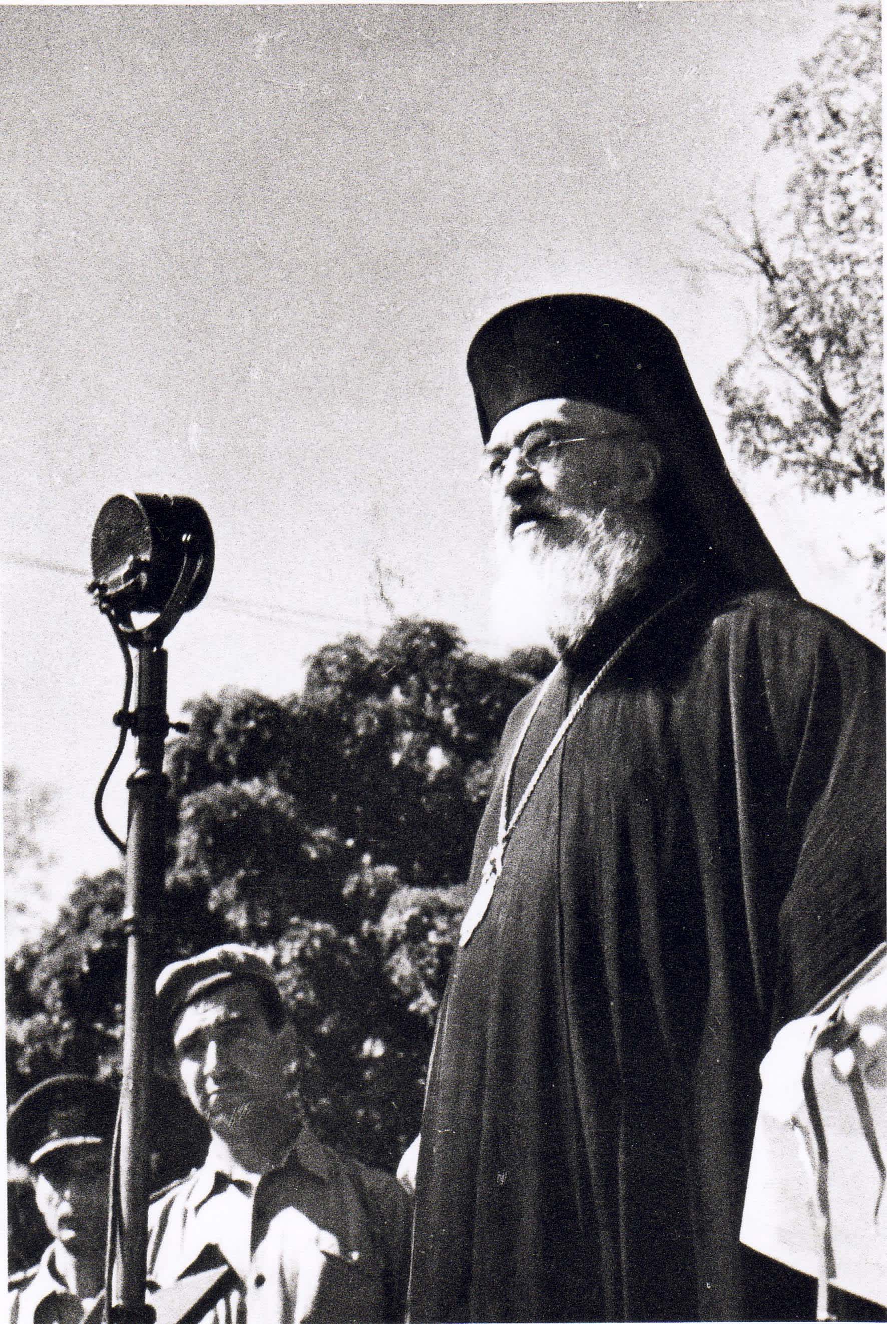 Metropolitan Damaskinos delivering a speech in Athens, shortly after the end of World War II