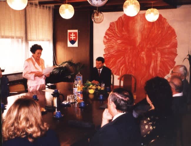 A survivor's wife Dvora Freund delivers a thank you speach during an award ceremony