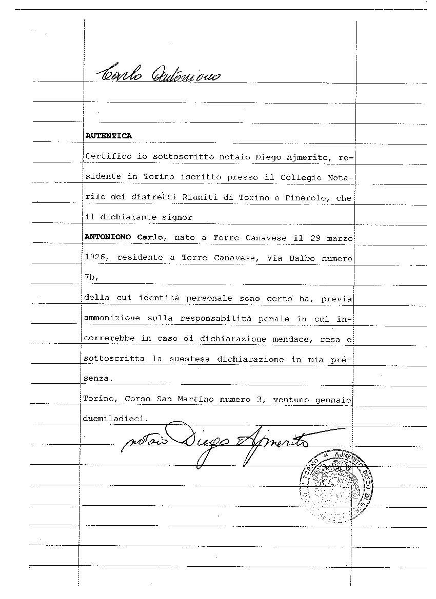 Statement under oath by  son of rescuer Carlo Antoniono, Statement under oath by  son of rescuer Carlo Antoniono  Submitted by Tullio Levi, one of the survivors